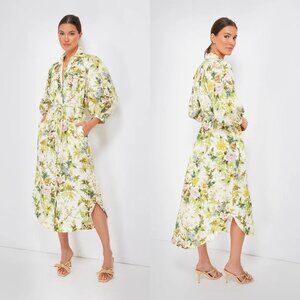 Alemais Multi Eden Midi Dress shirtdress floral green linen size US 4